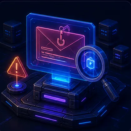 Phishing email scanner with warning signal and magnifying lens