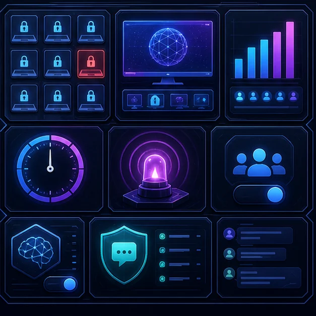 Cyber classroom control dashboard with lock tiles, sharing controls, poll chart, timer, and chat moderation