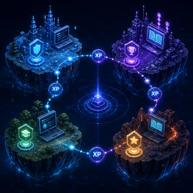 Cyber quest map with five glowing learning worlds linked by XP progression nodes