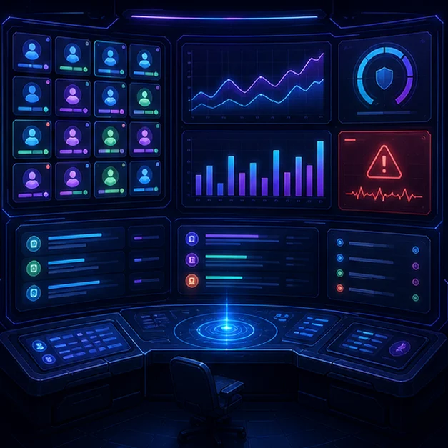 Teacher analytics command center showing student grid, progress charts, and alert panels