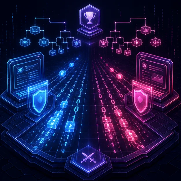 Neon cybersecurity battle arena with opposing terminals, packet lanes, and tournament brackets
