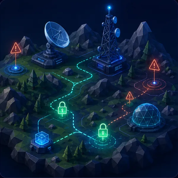 Cyber operations field with network towers and encrypted routes
