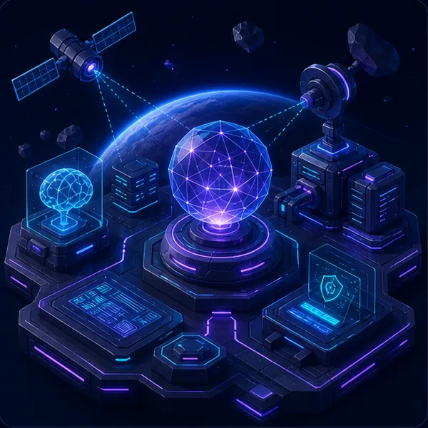 Advanced cyber frontier lab with AI nodes and satellite links