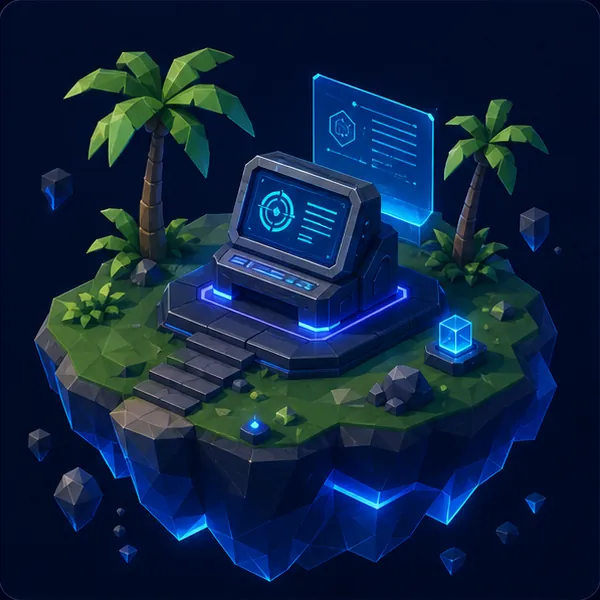 Neon cyber training island with a terminal and floating data panels